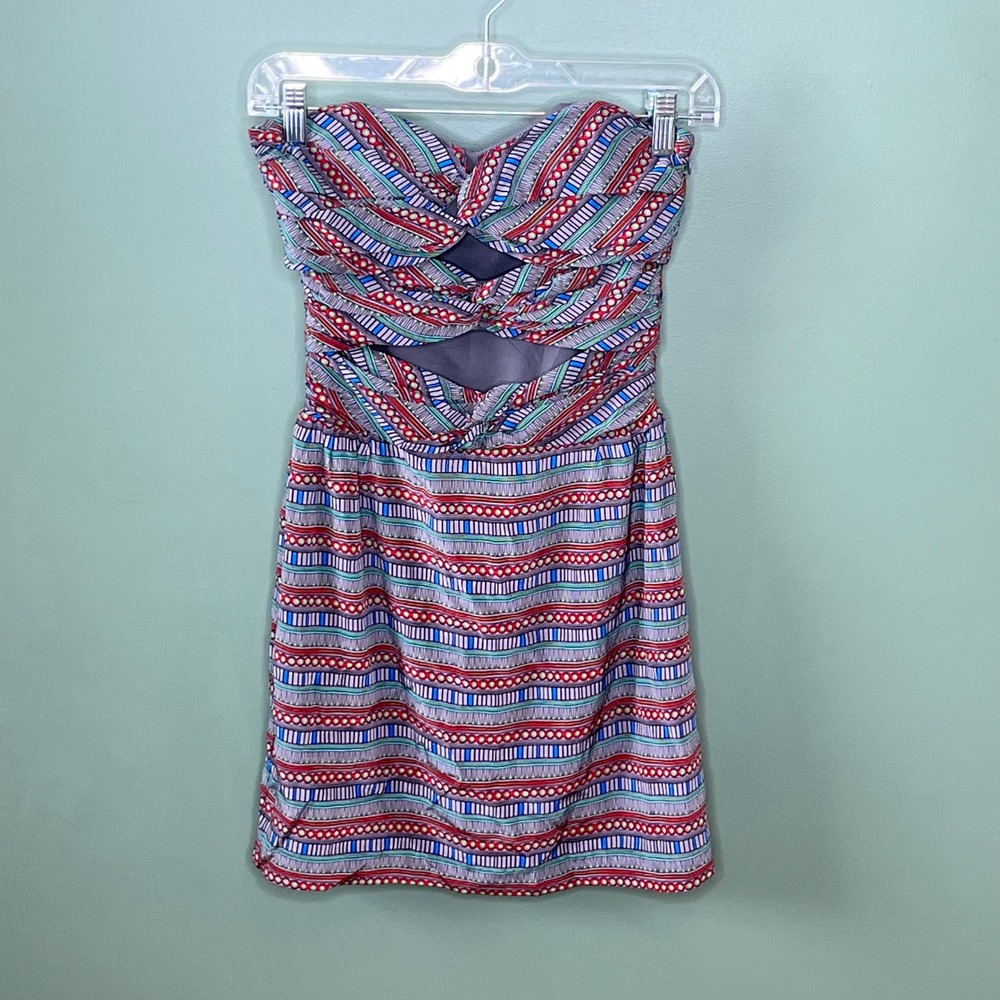 Mara Hoffman Silk Strapless Mini Dress Tribal Print Cutout Sweetheart Red Blue 0
